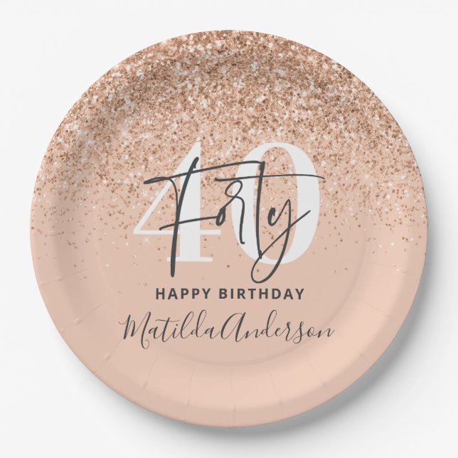 Girly glitter sparkle modern 40th birthday party paper plates (Front)