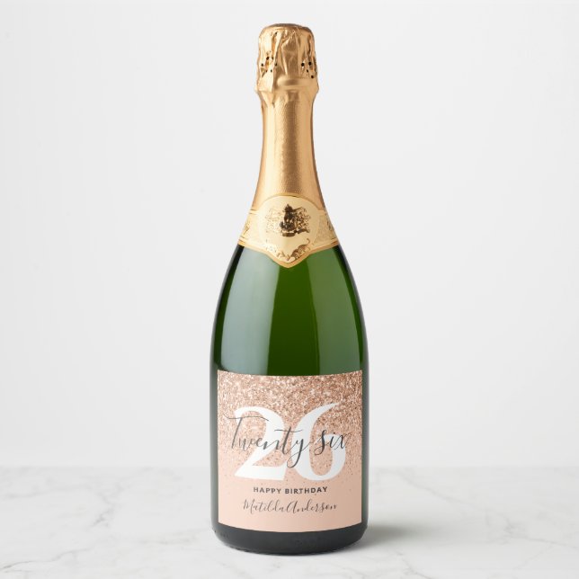 Girly glitter sparkle modern editable birthday  sparkling wine label (Front)