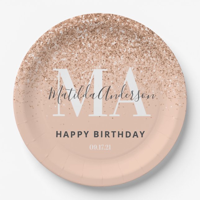 Girly glitter sparkle modern pink birthday party paper plates (Front)