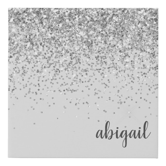 Girly Glitter Stylish Silver Modern Monogram Name Faux Canvas Print (Front)