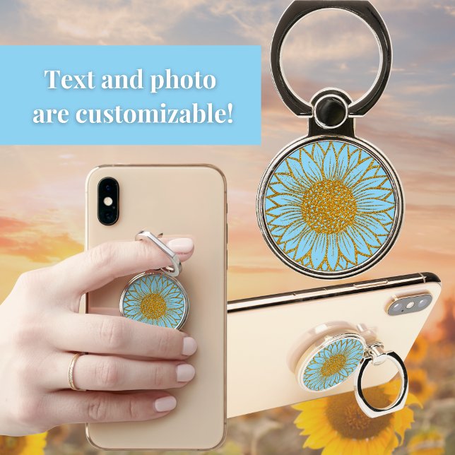 Girly Glitter Sunflower Floral Blue Phone Ring Stand (Creator Uploaded)