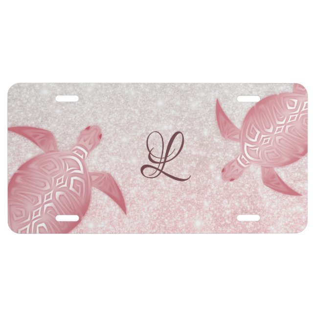 Girly Glitter Turtles Monogram Coastal   License Plate (Front)