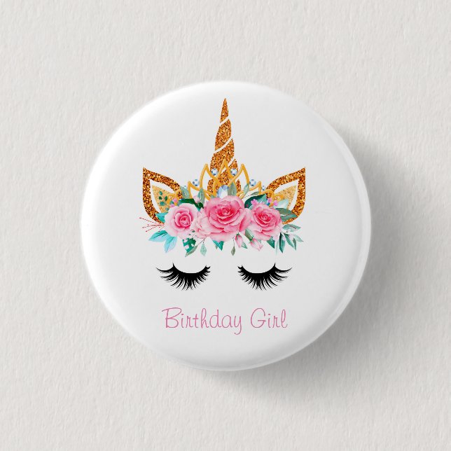 Girly Glitter Unicorn Face Birthday Badge Button (Front)