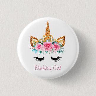 Girly Glitter Unicorn Face Birthday Badge Button