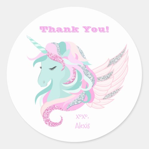 Girly Glitter Unicorn Thank You  Classic Round Sticker