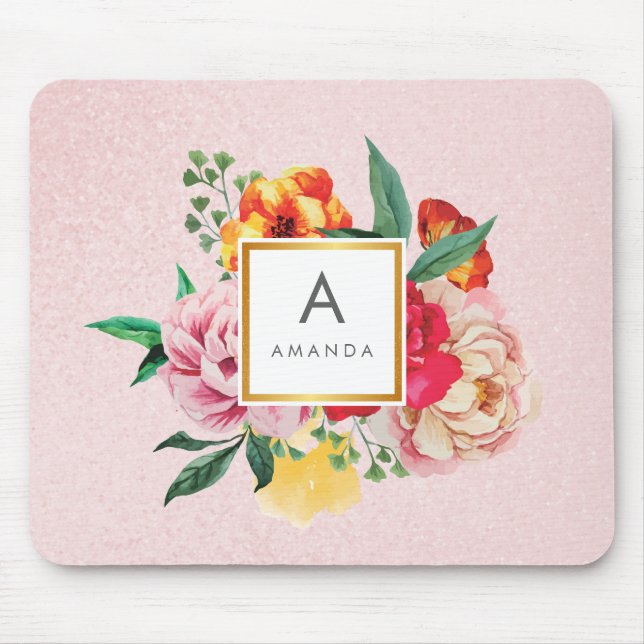 Girly Glitter Watercolor Peony Flowers Monogram Mouse Pad (Front)