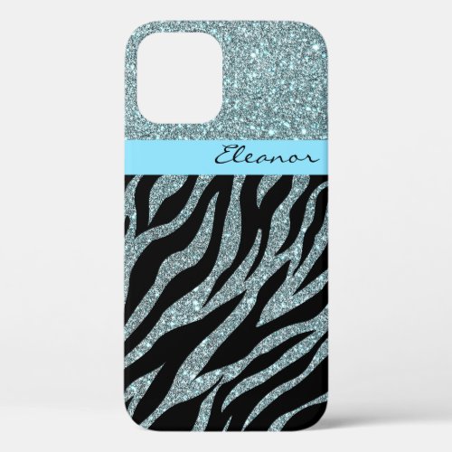 Girly Glitter Zebra Animal Print Pattern Teal Mint iPhone 12 Case