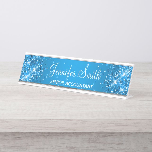 Girly Glittery Azure Gradient Desk Name Plate (Front)
