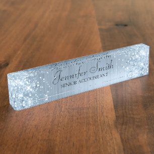Girly Glittery bleu light faux Foil Desk Name Plate