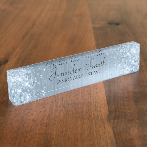 Girly Glittery bleu light faux Foil Desk Name Plate