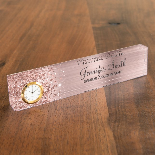 Girly Glittery Blush Rose Gold Glam Desk Name Plate (Side)