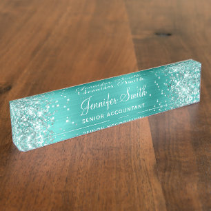 Girly Glittery Bright Turquoise Foil Desk Name Plate