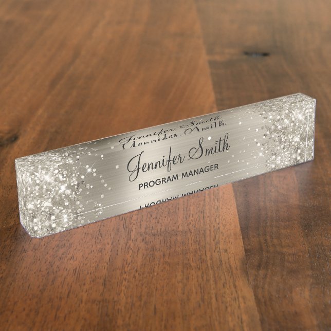 Girly Glittery Faux Platinum Foil Desk Name Plate (Side)