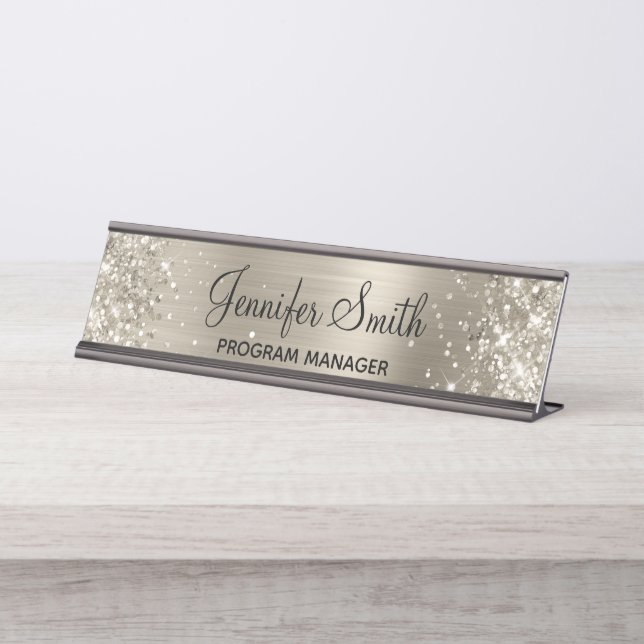 Girly Glittery Faux Platinum Foil Desk Name Plate (Front)