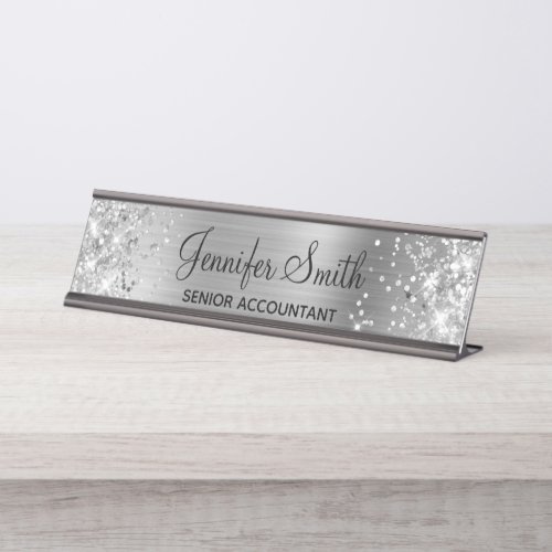 Girly Glittery Faux Silver Foil Desk Name Plate