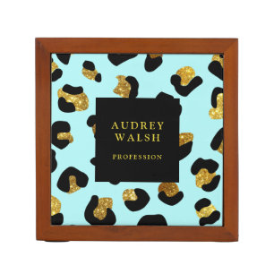 Girly Glittery Gold Aqua blue Leopard print Luxury Desk Organizer