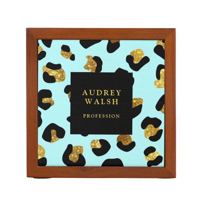 Girly Glittery Gold Aqua blue Leopard print Luxury Desk Organizer (Front)