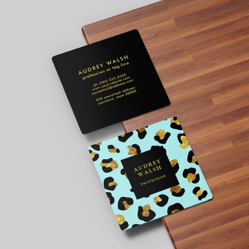Girly Glittery Gold Aqua Leopard print  Luxury Square Business Card