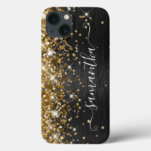 Girly Glittery Gold Black Brushed Metal iPhone 13 Case