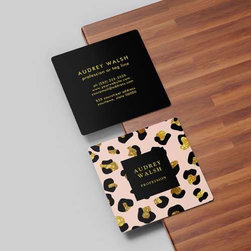 Girly Glittery Gold Blush Leopard print  Luxury Square Business Card