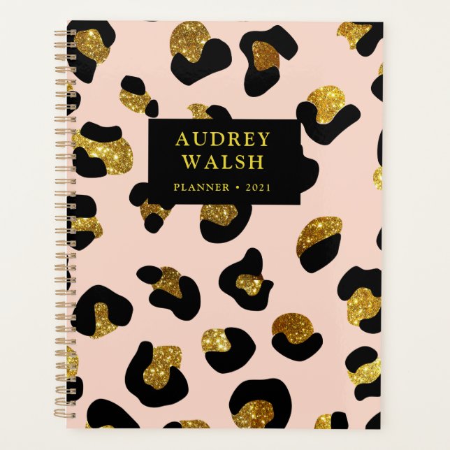 Girly Glittery Gold Blush Pink Leopard  Luxury Planner (Front)