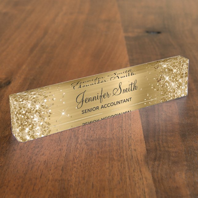 Girly Glittery Gold Faux Foil Desk Name Plate (Side)