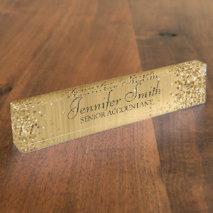 Girly Glittery Gold Faux Foil Desk Name Plate