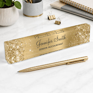 Girly Glittery Gold Faux Foil Desk Name Plate