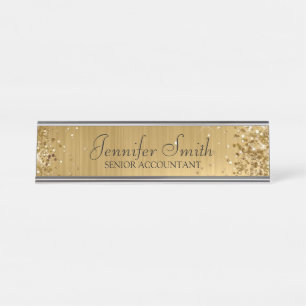 Girly Glittery Gold Faux Foil Desk Name Plate