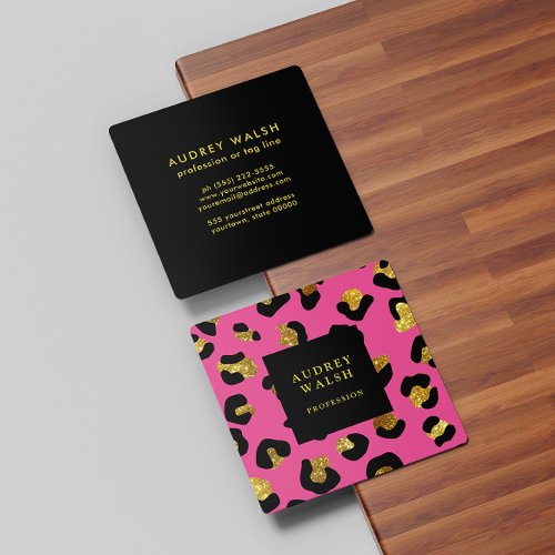 Girly Glittery Gold Fuchsia Leopard print  Luxury Square Business Card