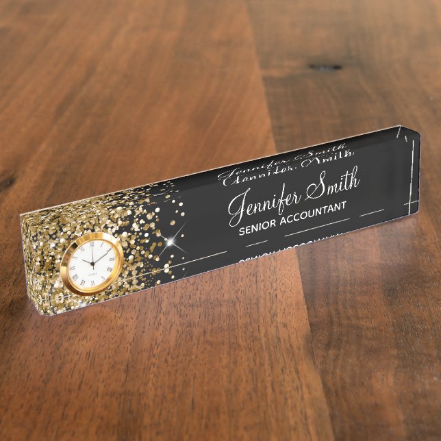 Girly Glittery Gold Glam Black Desk Name Plate (Side)
