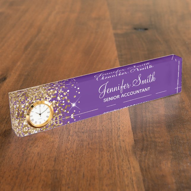 Girly Glittery Gold Glam Royal Purple Desk Name Plate (Side)