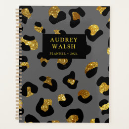 Girly Glittery Gold Gray Leopard Print Luxury Planner