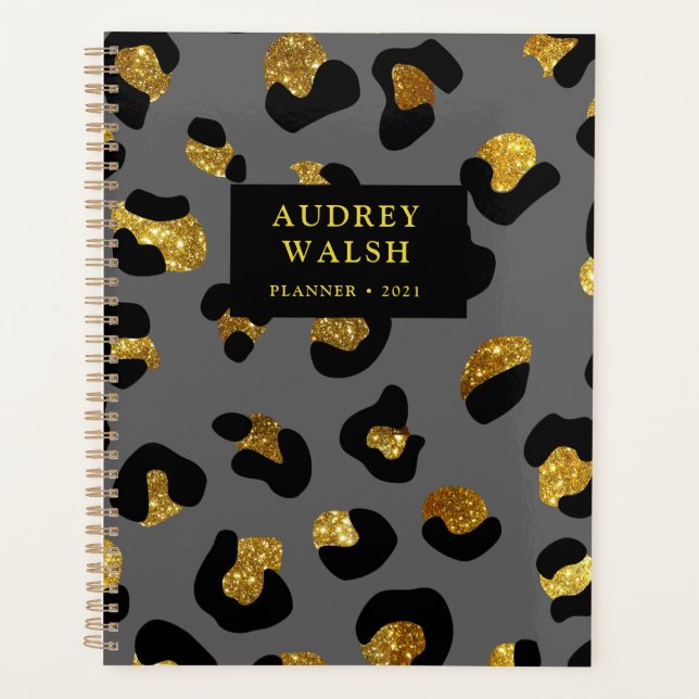 Girly Glittery Gold Gray Leopard Print Luxury Planner (Front)
