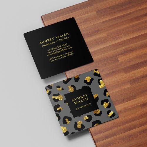 Girly Glittery Gold Gray Leopard print  Luxury Square Business Card