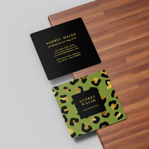 Girly Glittery Gold Green Leopard print  Luxury Square Business Card