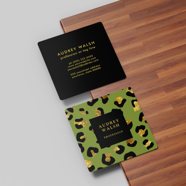 Girly Glittery Gold Green Leopard print  Luxury Square Business Card