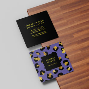 Girly Glittery Gold Purple Leopard print  Luxury Square Business Card