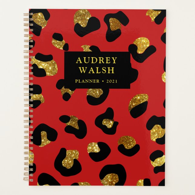 Girly Glittery Gold Red Leopard print  Luxury Planner (Front)