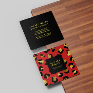 Girly Glittery Gold Red Leopard print Luxury Square Business Card