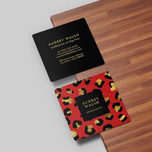 Girly Glittery Gold Red Leopard print  Luxury Square Business Card