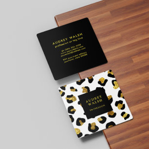 Girly Glittery Gold White Leopard print Luxury Square Business Card