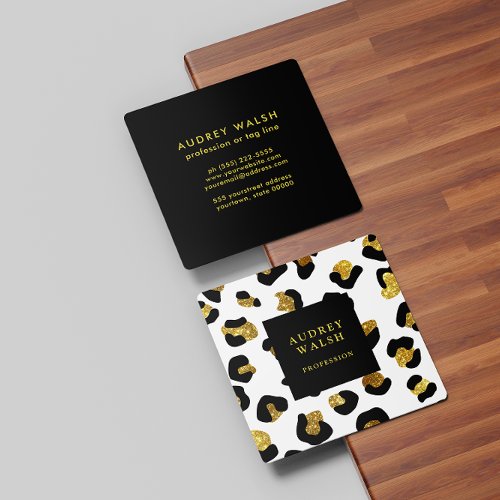Girly Glittery Gold White Leopard print  Luxury Square Business Card