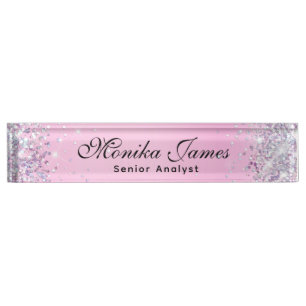Girly Glittery Holographic Faux Light Pink Custom Desk Name Plate