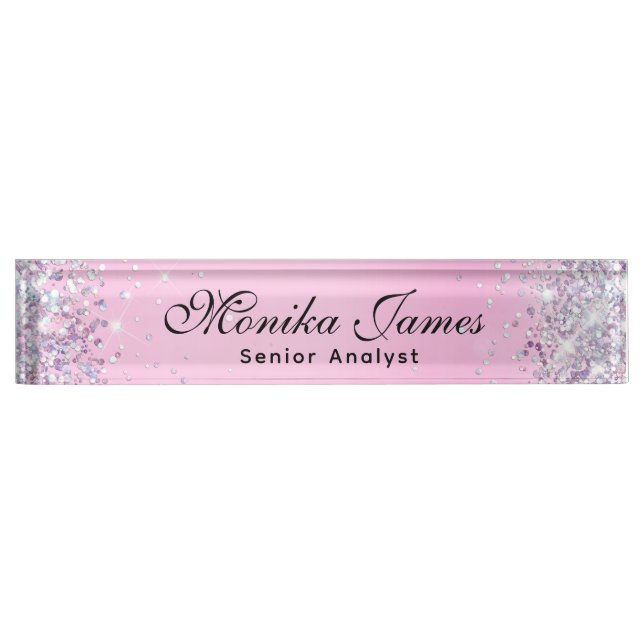 Girly Glittery Holographic Faux Light Pink Custom Desk Name Plate (Front)