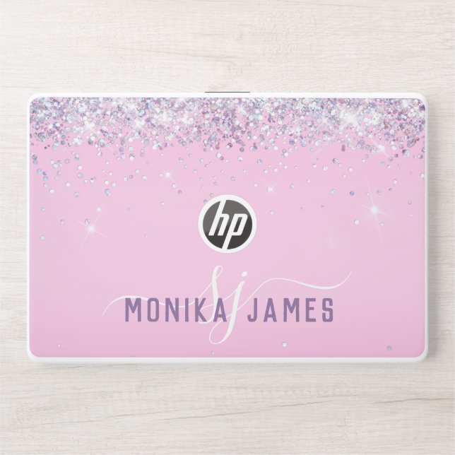 Girly Glittery Holographic Faux Light Pink Custom HP Laptop Skin (Front)