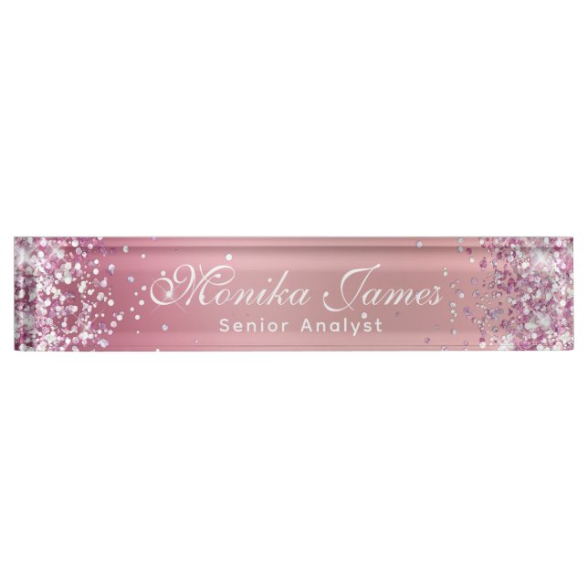 Girly Glittery Holographic Faux Rose Gold Custom Desk Name Plate (Front)