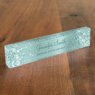 Girly Glittery Pale Turquoise Foil Desk Name Plate