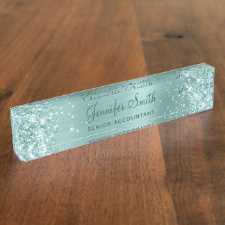 Girly Glittery Pale Turquoise Foil Desk Name Plate