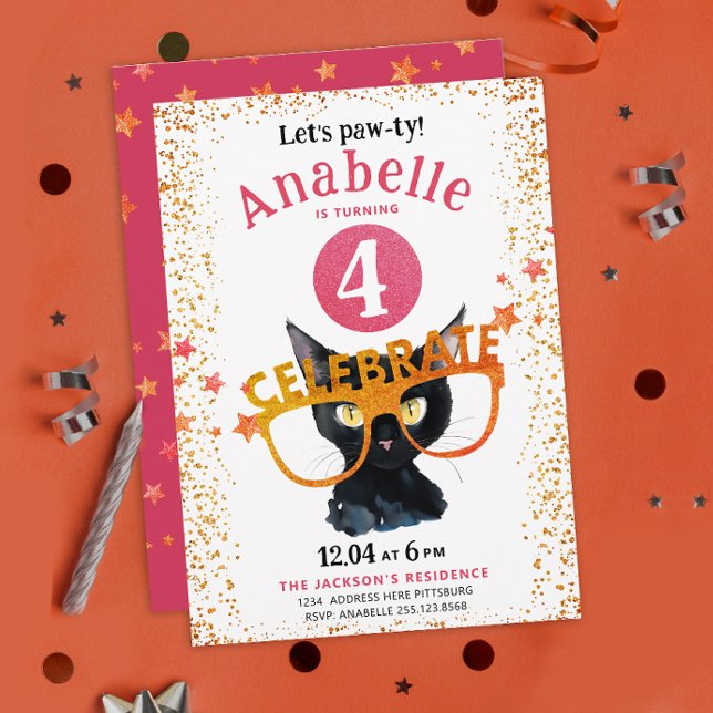 Girly Glittery Pink Orange Cat Pawty Watercolor Invitation (Creator Uploaded)